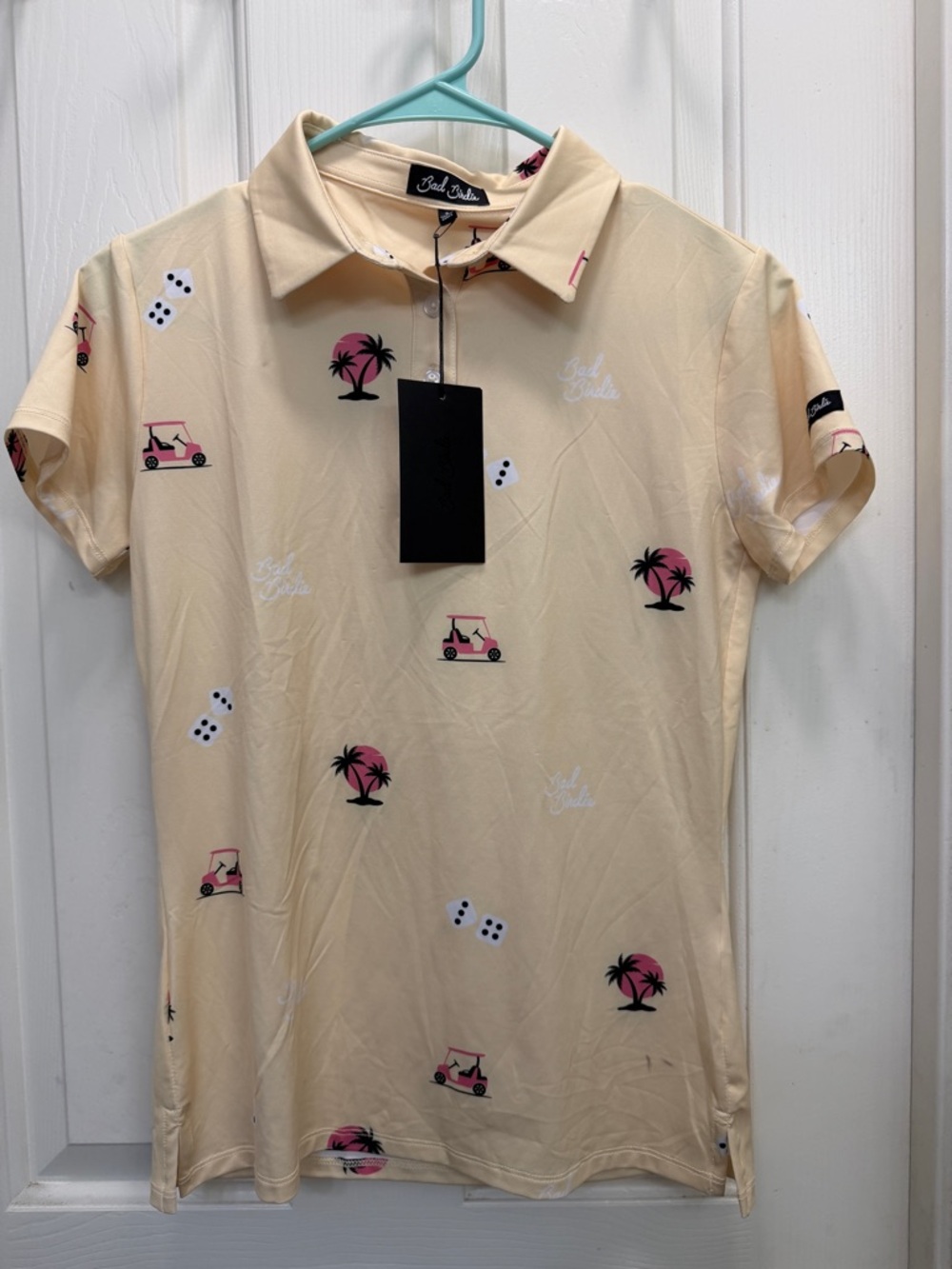 Beige Palm-Print Polo Shirt roll 'em bad birdie small nwt golf